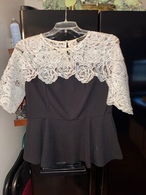 Lace Yoke Peplum Top - Black and White